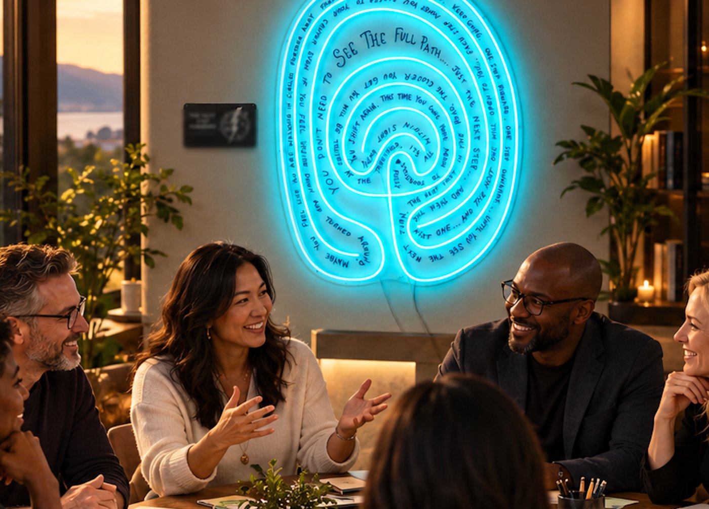 A group sharing a Next Step experience beneath the neon Infinite Labyrinth