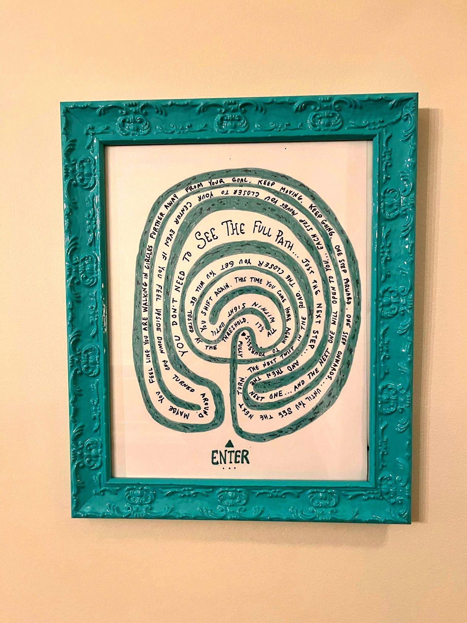 The Living Labyrinth framed edition in an ornate teal frame