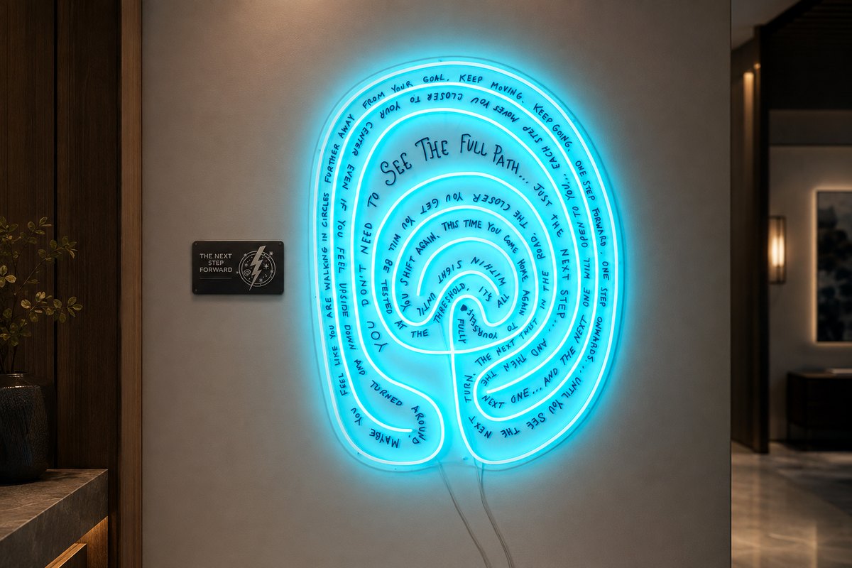 The neon Infinite Labyrinth on a wall with the brushed-metal Next Step Forward plaque mounted beside it
