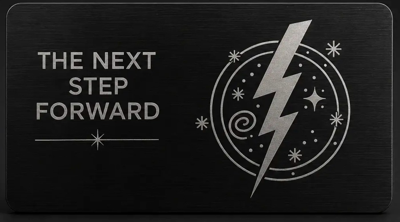 The Cosmic Lightning Bolt, a brushed-metal plaque engraved The Next Step Forward