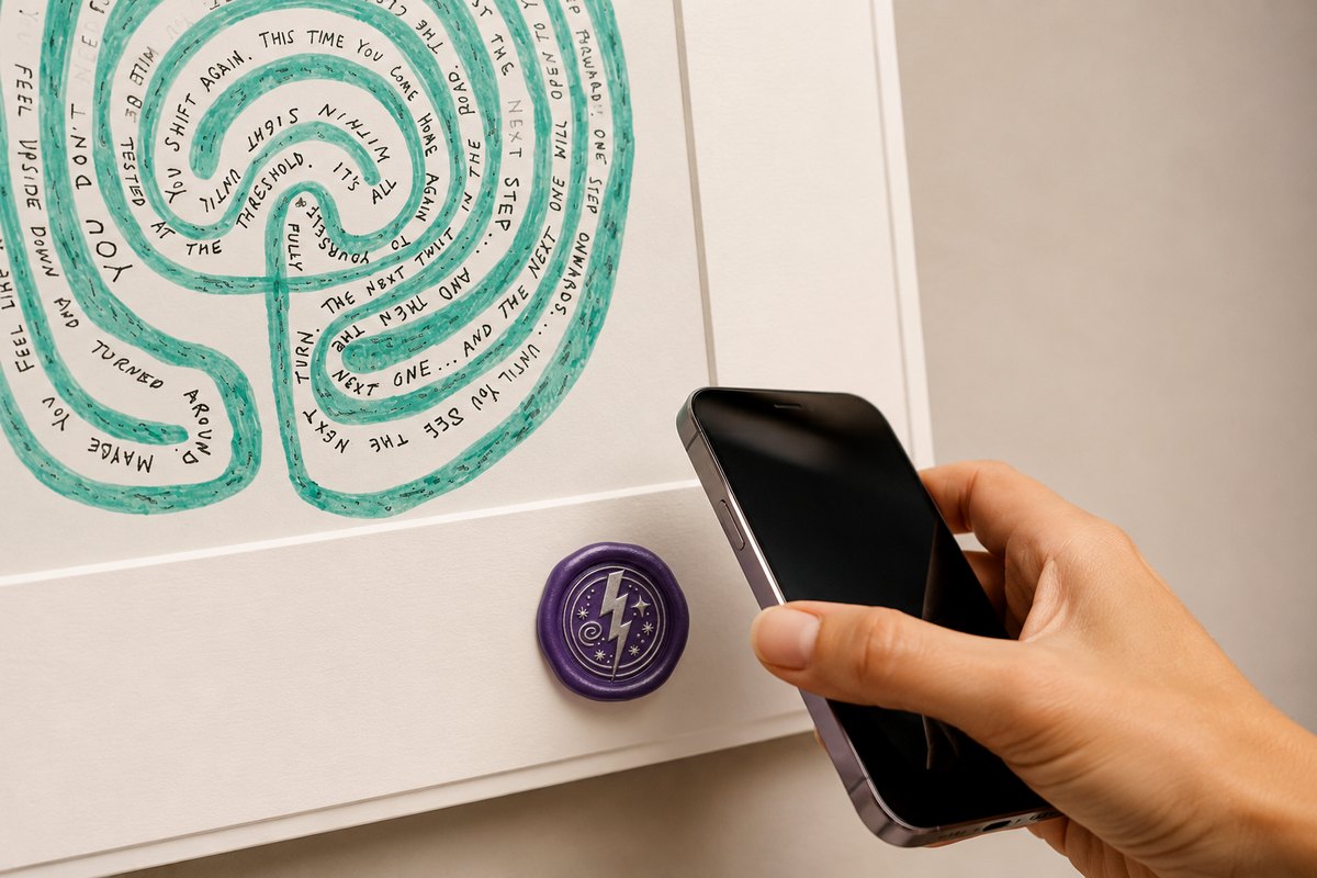 A phone tapping the purple wax seal pressed into a fine-art print's mat board